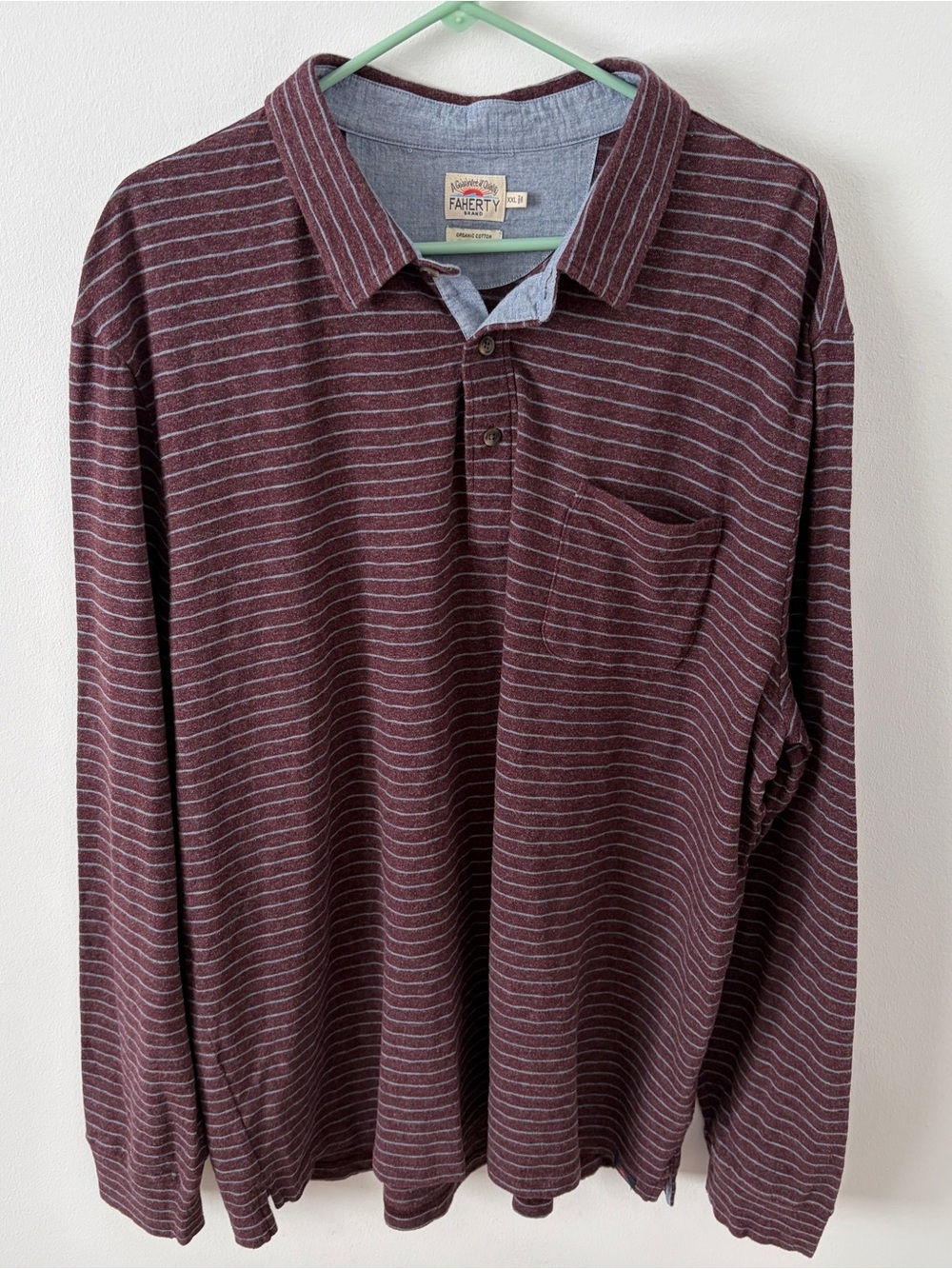 Faherty Brand Polo Shirt Men XXL Burgundy Striped Organic Cotton Long Sleeve*Q3